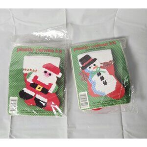 Vintage Plastic Canvas Kit Stocking Santa & Snowmen Stitching Craft Set Of 2